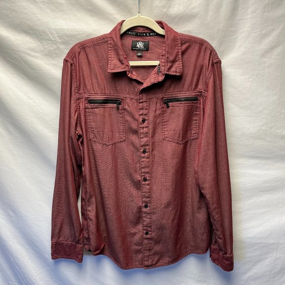 Rock & Republic Burgundy Button Up Long Sleeve Chambray Shirt Zip Pockets Size L - Picture 1 of 12